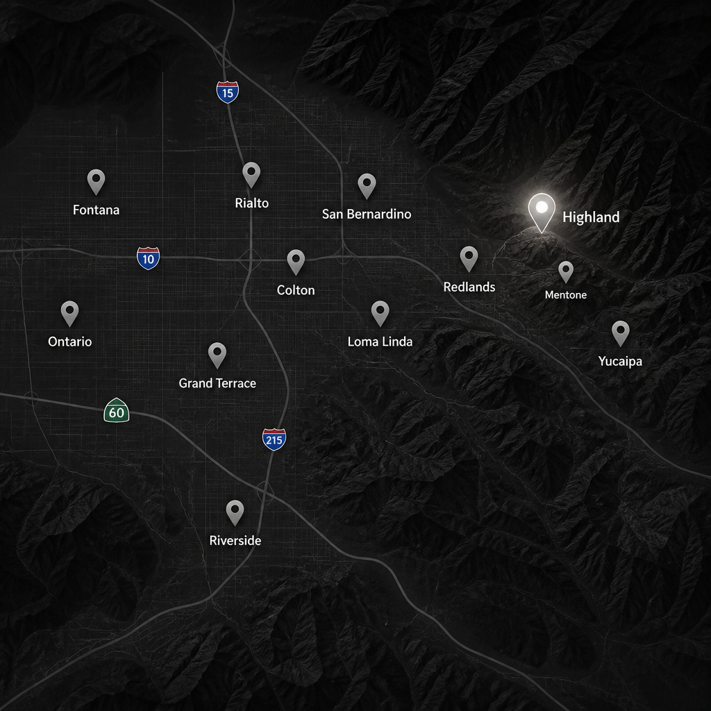 Map of the Inland Empire service area with markers on Highland, Redlands, Yucaipa, Loma Linda, San Bernardino, Rialto, Colton, Fontana, Ontario, Grand Terrace, Riverside, and Mentone