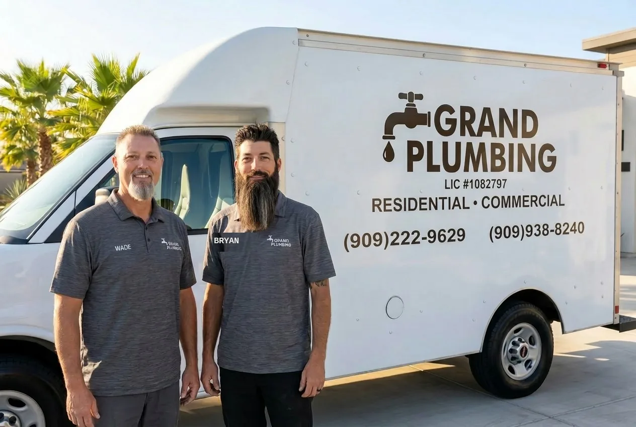 Wade and Bryan from Grand Plumbing standing in front of the company service van