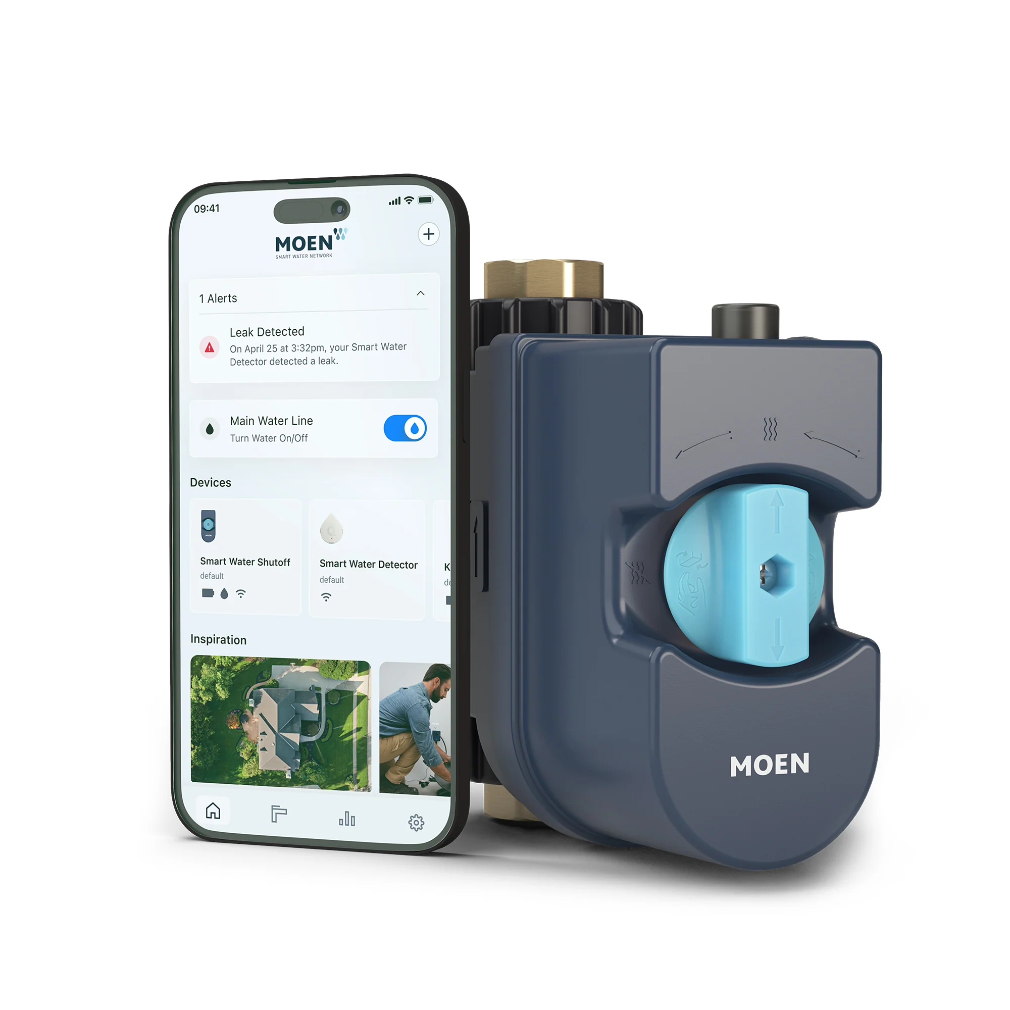 Moen Flo smart water shutoff device with the Moen app showing a leak alert